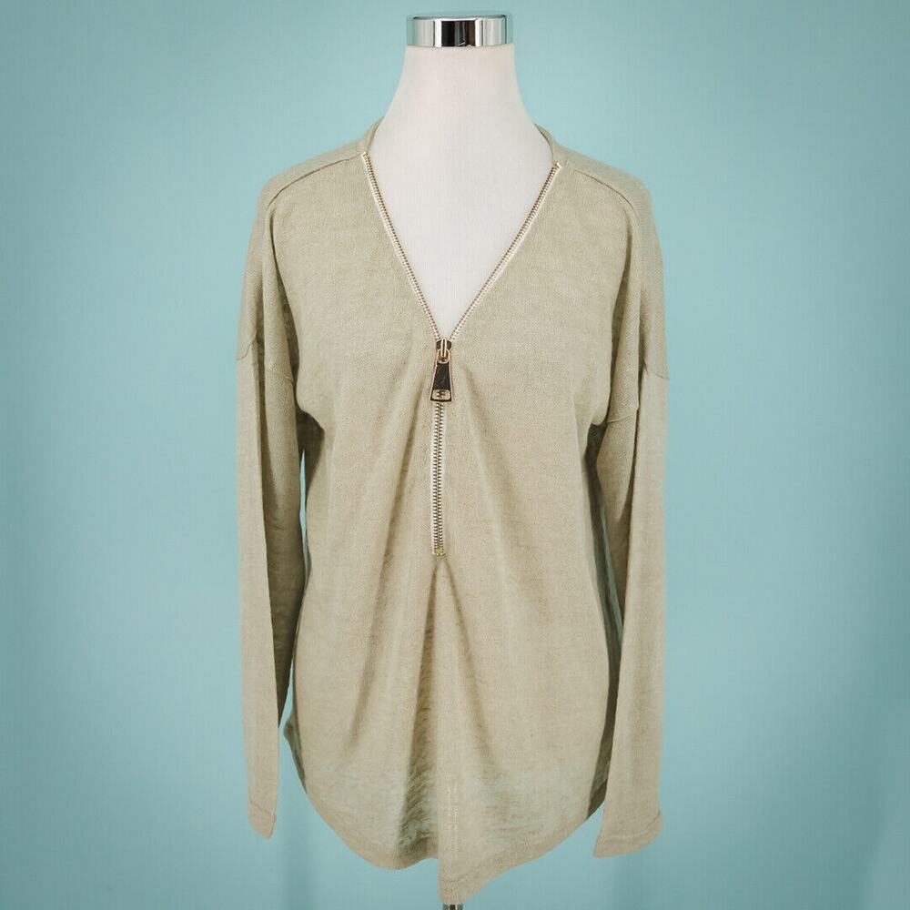 Soft Surroundings Size Medium M Tan Beige Valentina Zip Front V Neck Sweater